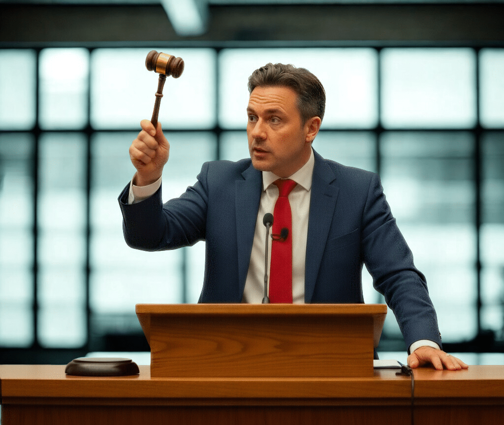 British property auctioneer with raised gavel