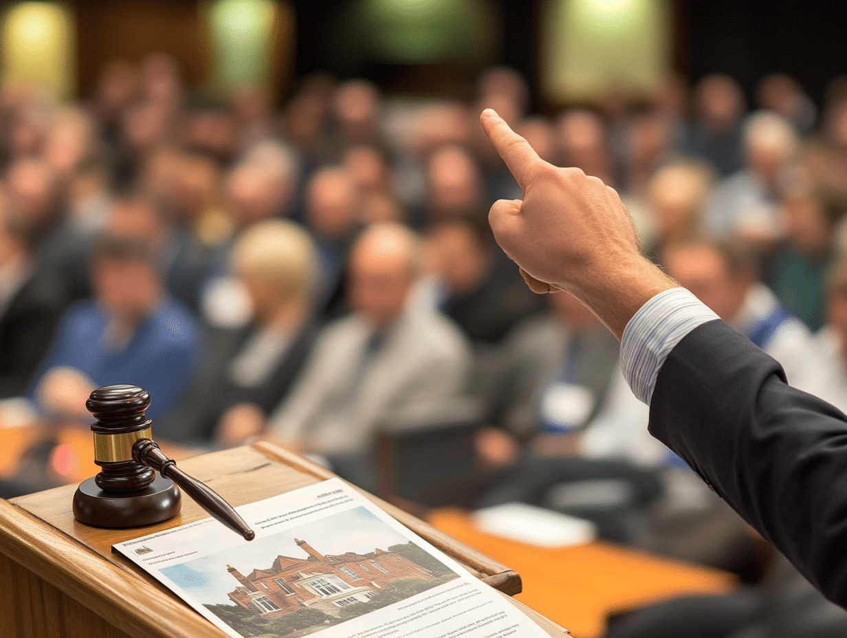 UK property auctioneer pointing to a bidder in a live "in the room" auction