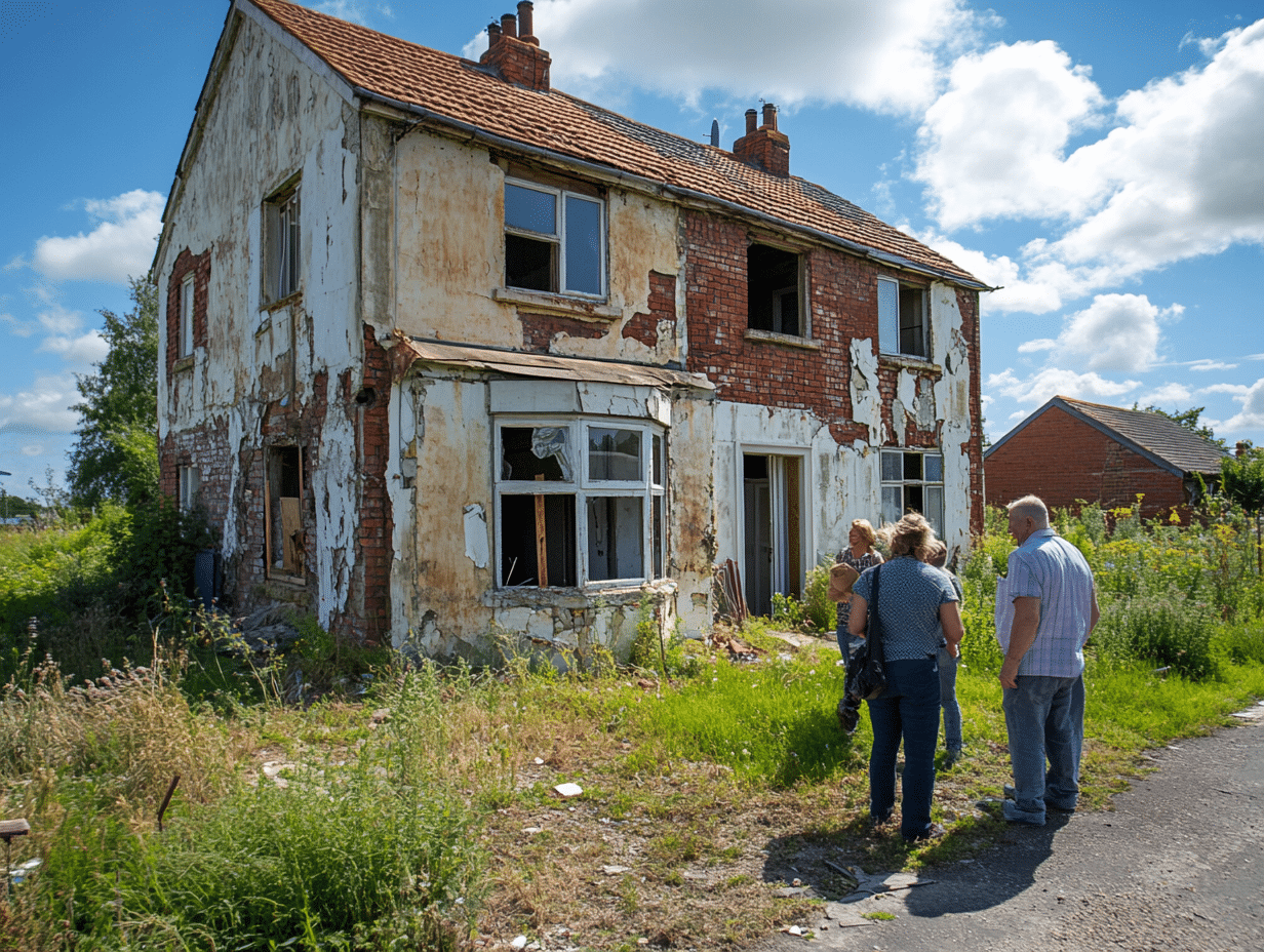 prospective buyers looking at a condemned house