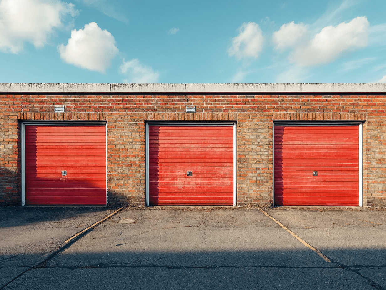 Row of lock-up-garages with red doors