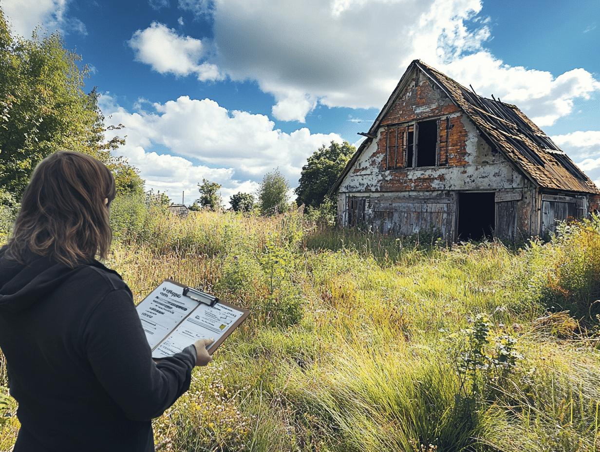 Surveyor looking at a plot of land and dilapidated barn with development potential