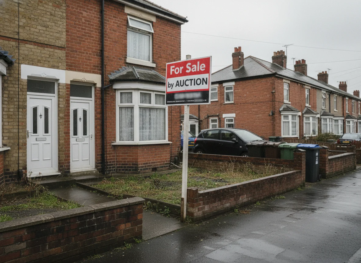 A 'For Sale by Auction' board outside an ordinary British terraced house on an overcast day