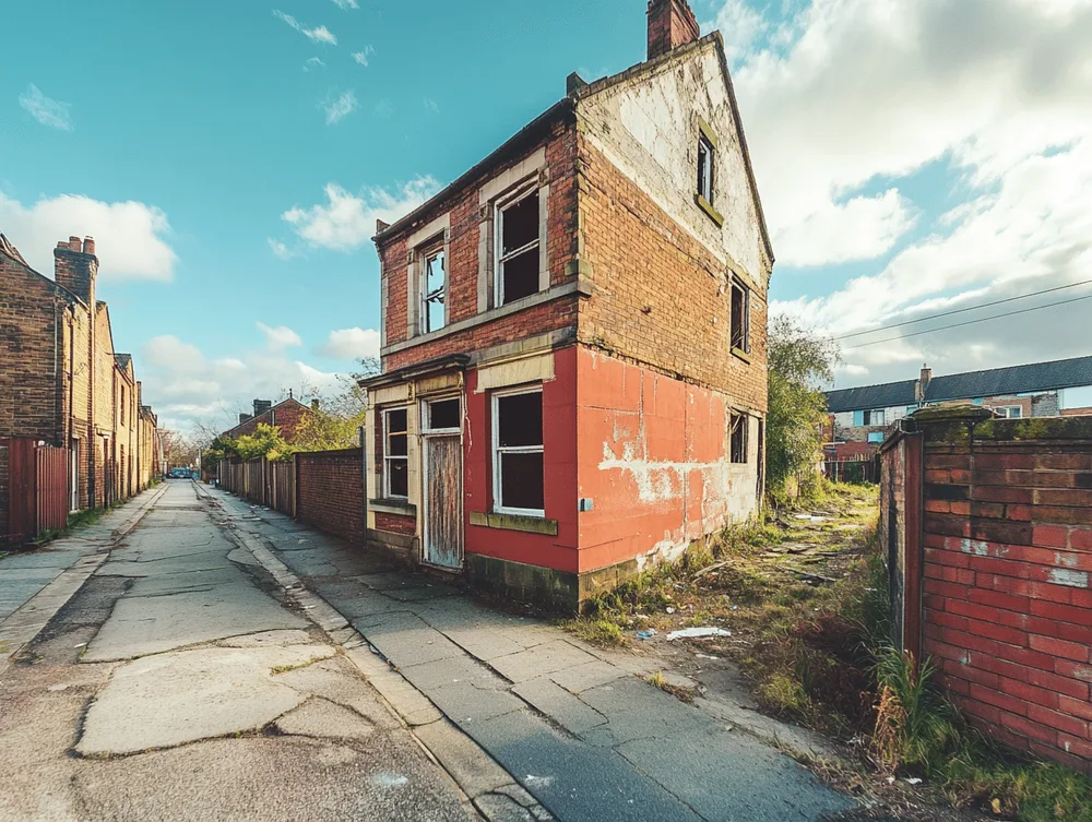 An abandoned and condemned house with boarded windows and an overgrown, neglected frontage