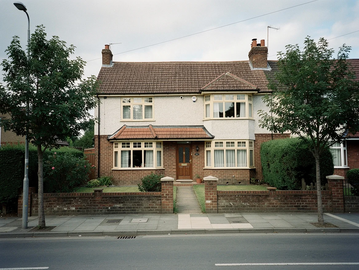 Traditional 1930s British semi-detached house with bay windows and a tiled hipped roof on an ordinary suburban residential street