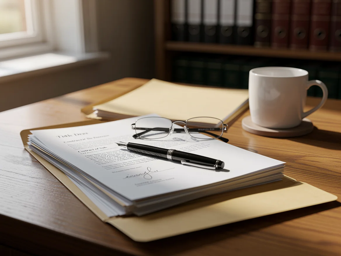 A solicitor's desk with a tidy stack of property legal documents being prepared for an auction legal pack