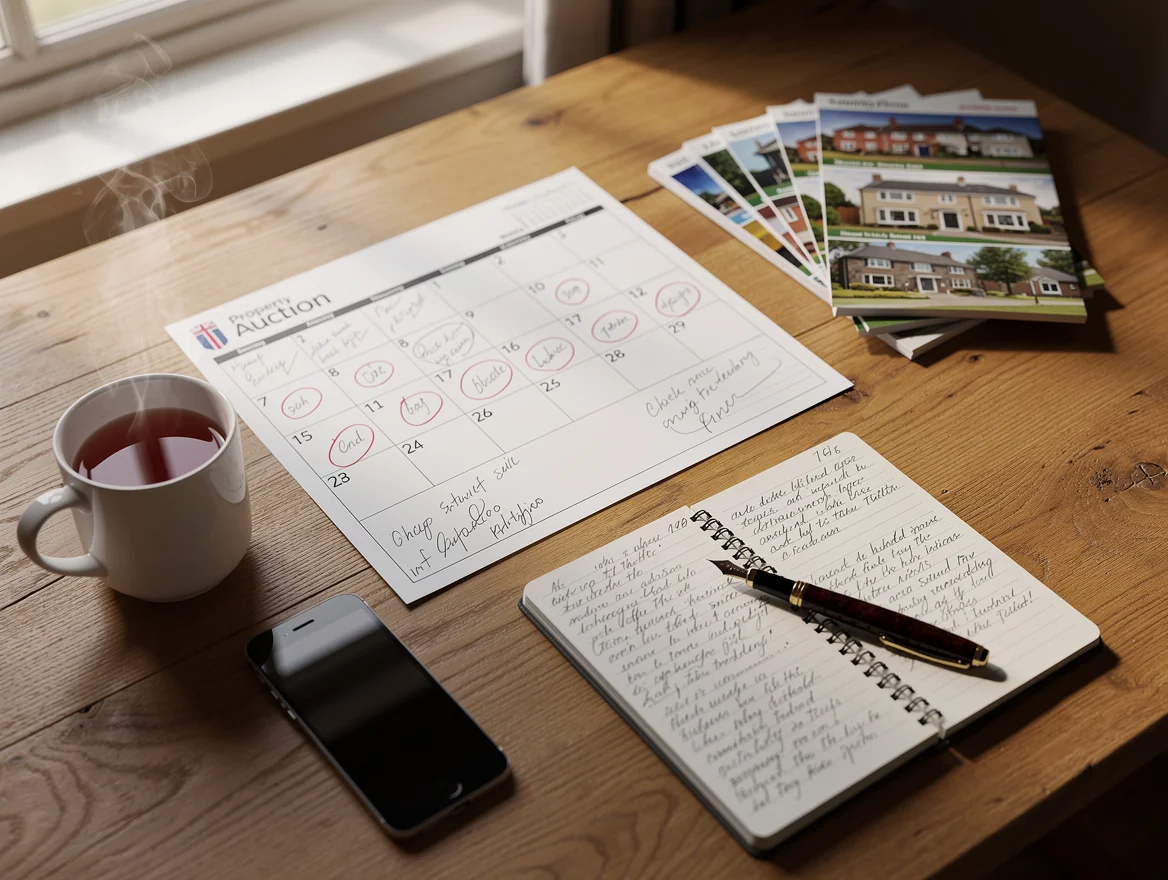 A wood desk overview showing the property auction sale process - a wall calendar with key dates circled, a stack of property listings, a notebook with handwritten notes and a fountain pen