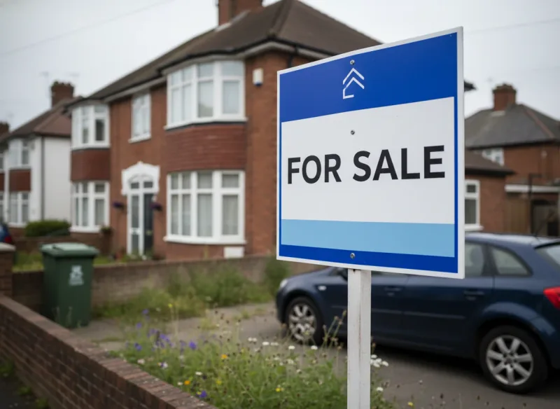 An estate agent For Sale board outside an ordinary British 1930s semi-detached house on an overcast day