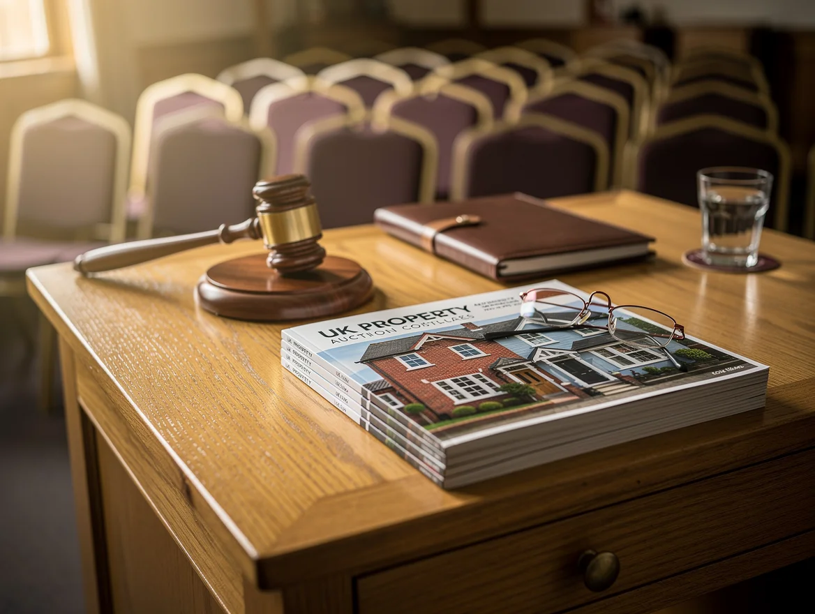 An auctioneer's gavel resting beside a stack of property auction catalogues on a wooden rostrum desk, in a quiet auction room after the bidding has finished