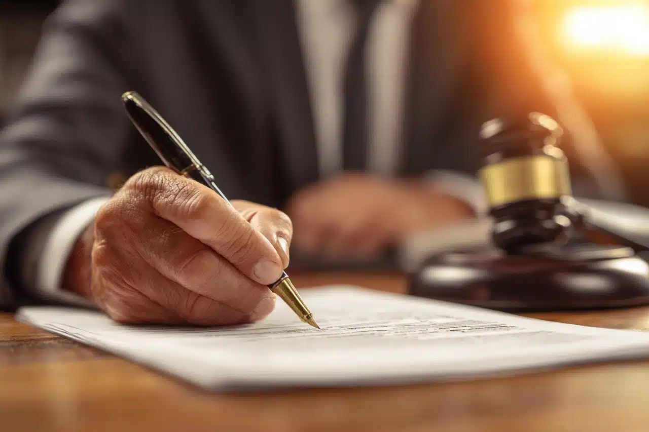 An auctioneer signing a legally binding contract of sale