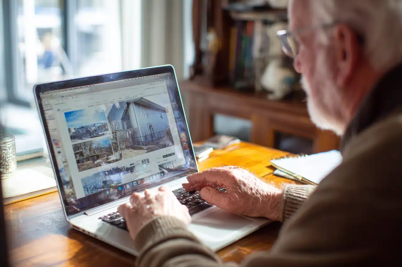 A person bidding in an online property auction on a laptop at home