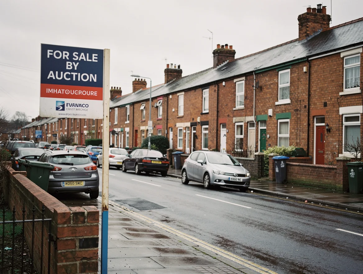 A 'For Sale by Auction' board outside red-brick terraced houses on a Birmingham residential street