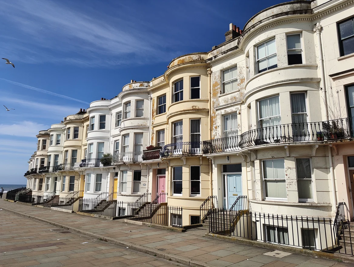 Row of classic Brighton Regency seafront terraced houses with bow windows and iron balconies, the kind of tenanted property regularly sold at auction