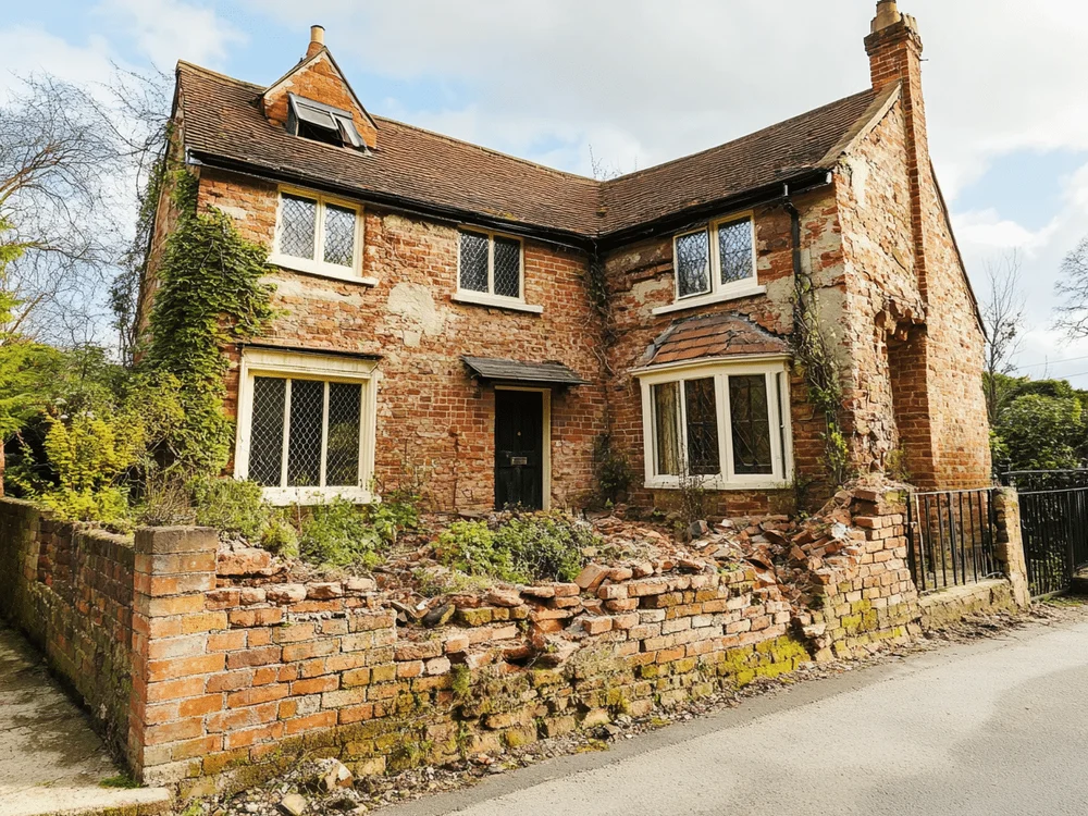 A British house showing signs of subsidence, with cracking visible in the external wall