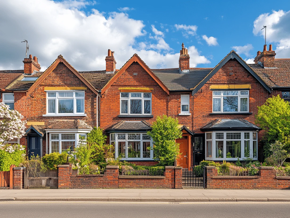 A row of British red-brick terraced houses on a residential street