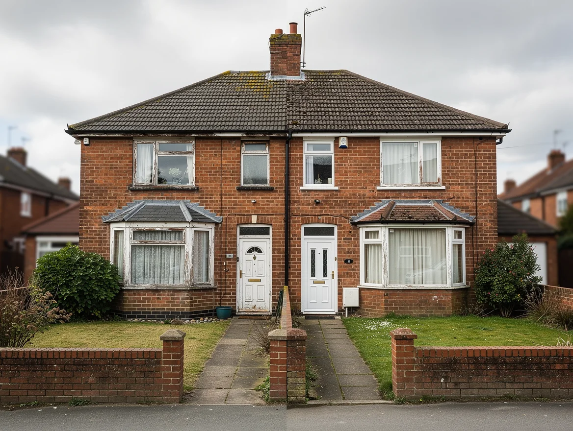 A typical British 1930s red-brick semi-detached house in slightly dated condition, of the kind often sold at auction