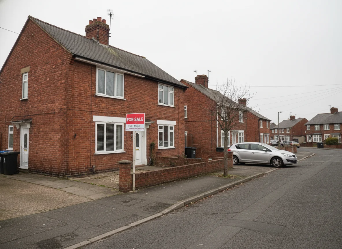 An ordinary brick semi-detached house on a residential street with an estate agent 'For Sale' board outside