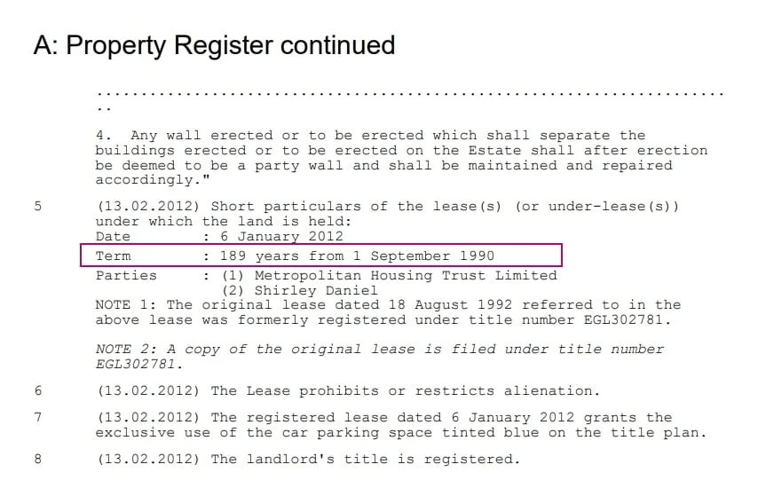 An extract from a lease title document showing the lease term