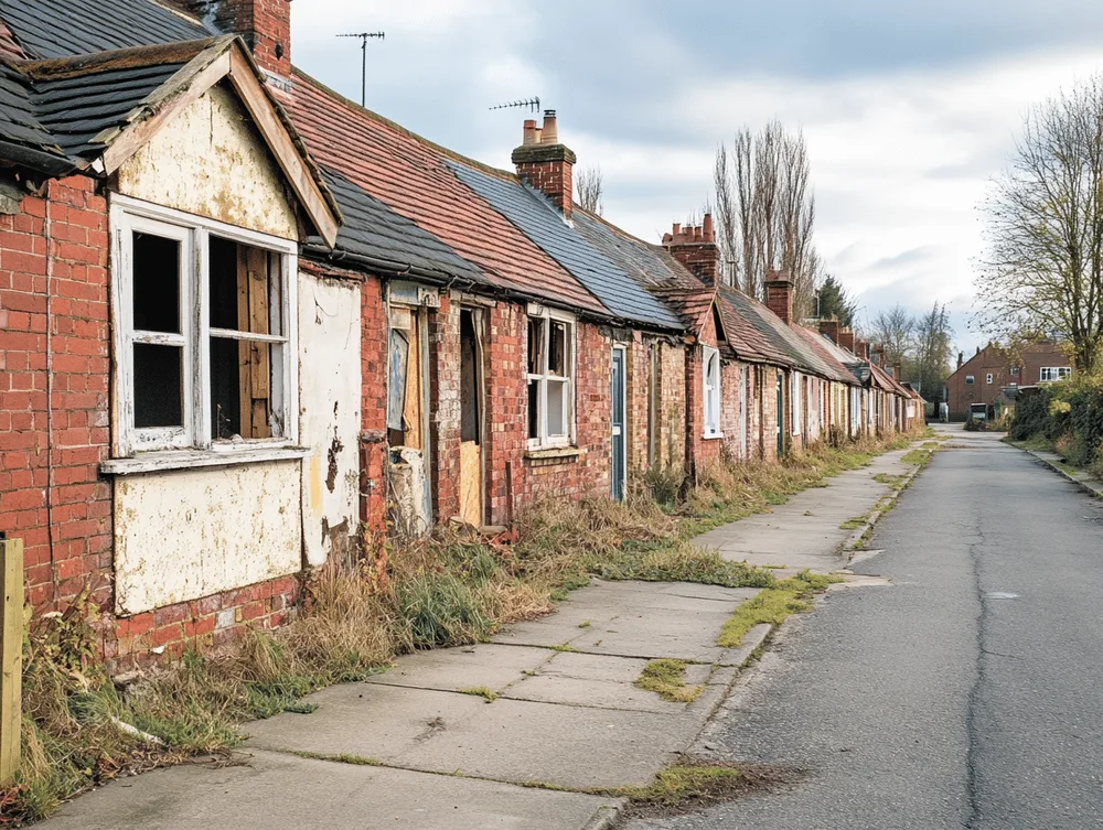A condemned terraced bungalow in poor structural condition awaiting sale