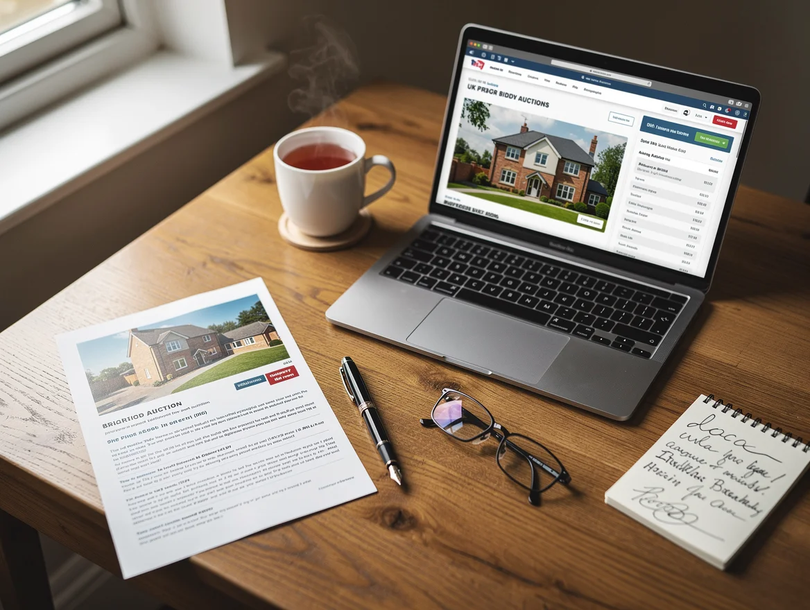A laptop on a desk showing an online property auction interface, with property paperwork, glasses and a mug of tea - a seller weighing up the modern method of auction
