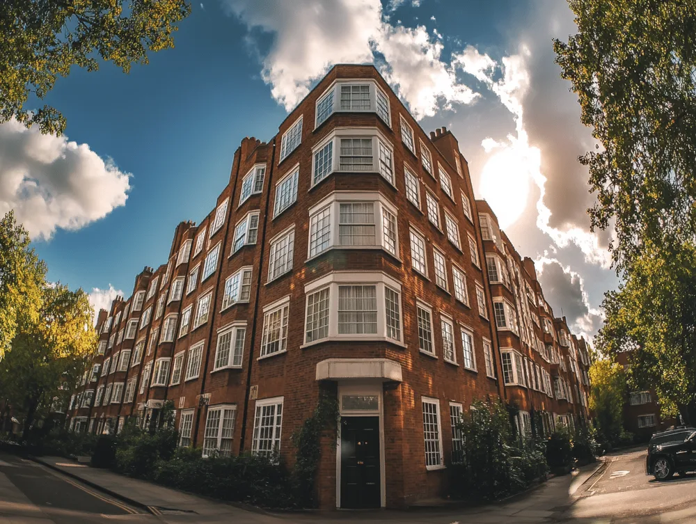 Corner view of a block of 1930s purpose-built leasehold flats