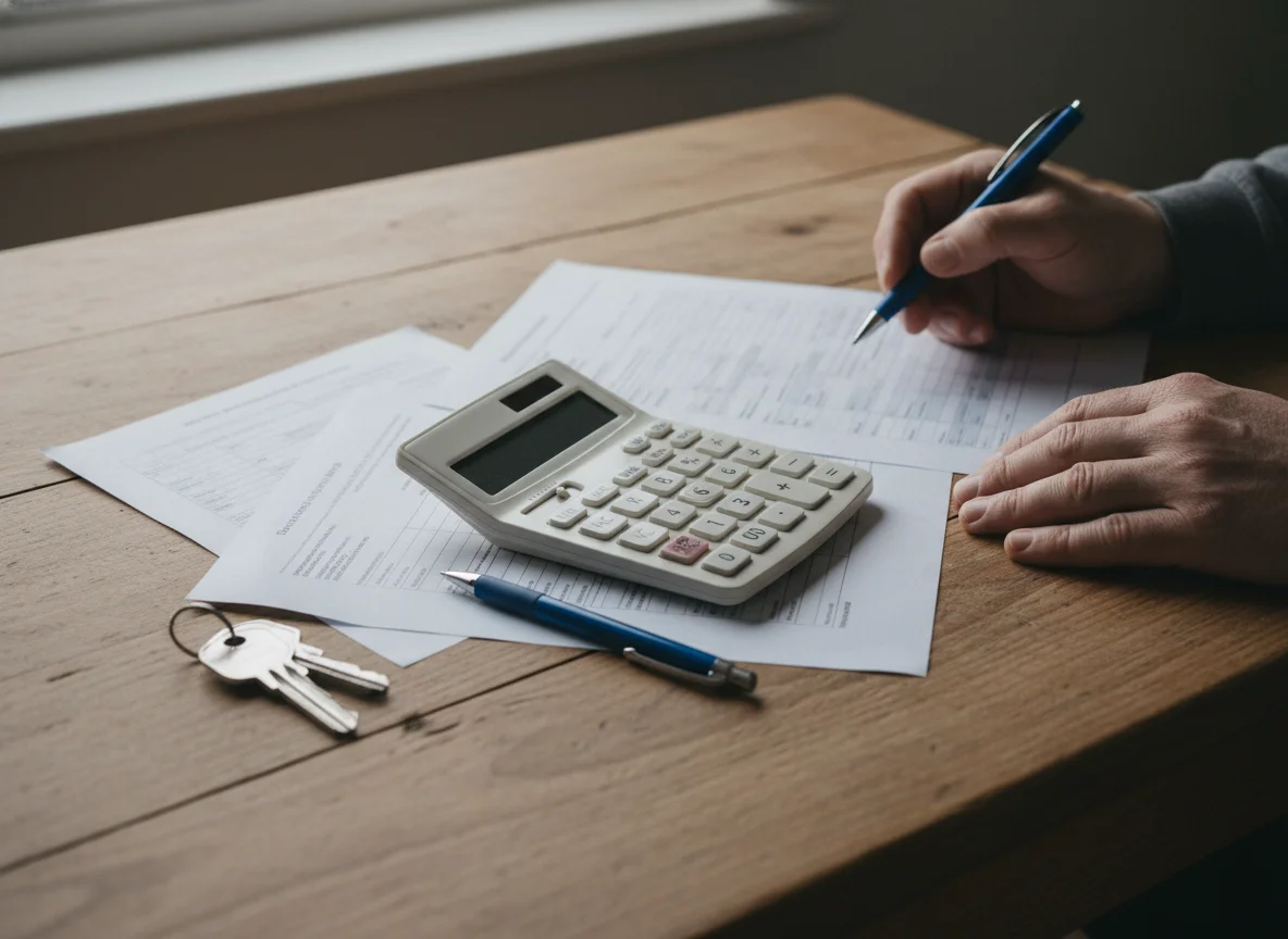 A calculator, pen and property paperwork used to work out the cost of selling a house at auction