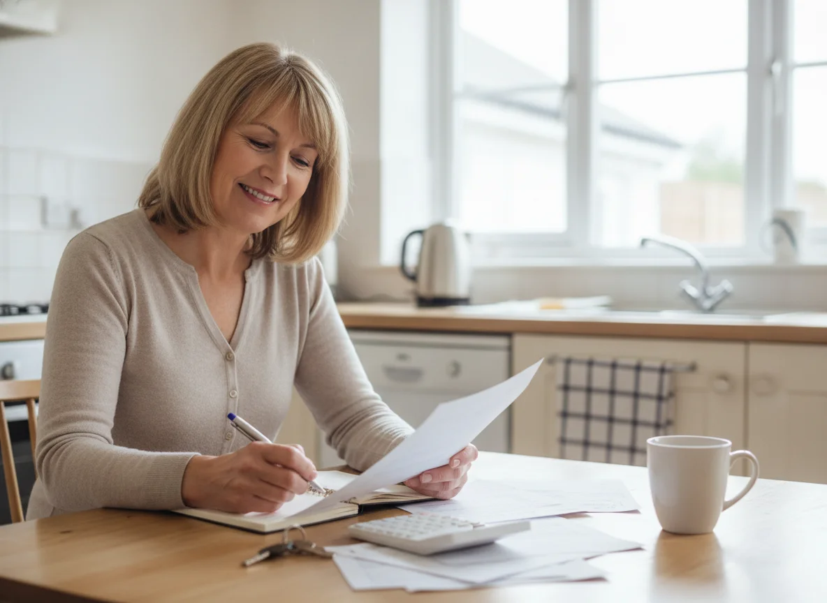 UK homeowner at a kitchen table working out the cost of selling their house, with a calculator, paperwork and house keys