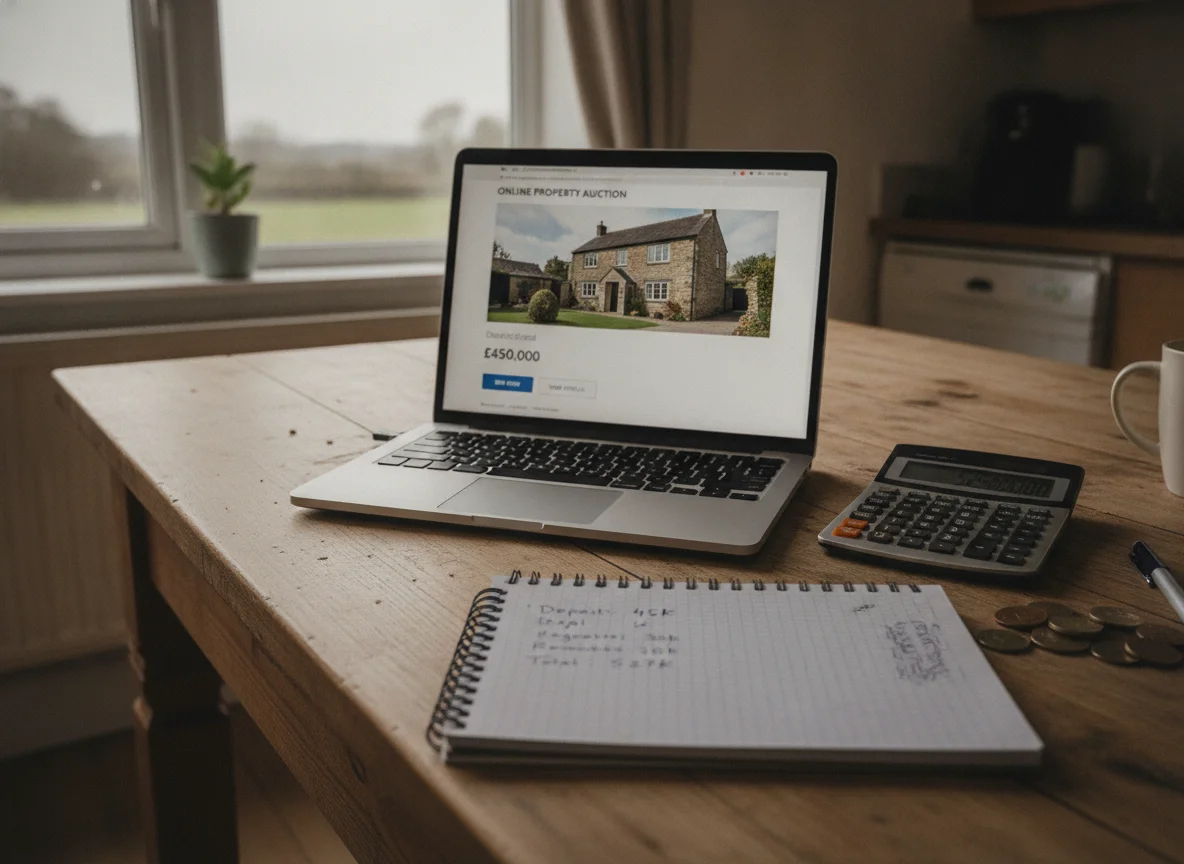 A laptop showing an online property auction listing, beside a calculator, a notepad of cost figures and pound coins