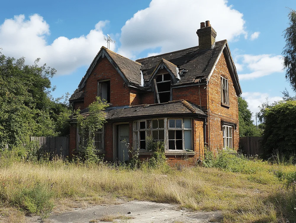 A dilapidated British house condemned by the council, with broken windows and a deteriorating roof