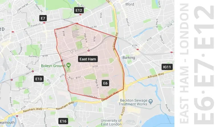 Map of East Ham, London showing the E6, E7 and E12 postcode areas