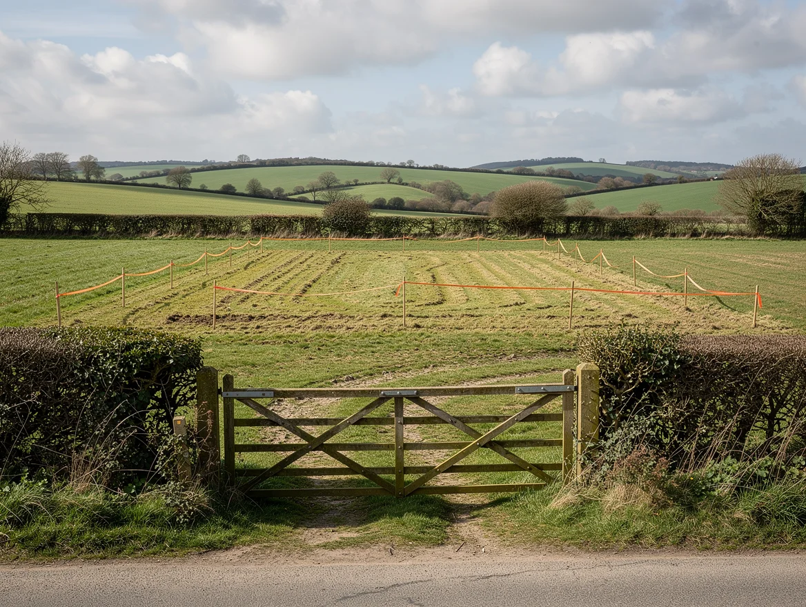 Vacant rural East Sussex building plot with five-bar gate and surveyed boundary markers, set against rolling South Downs fields