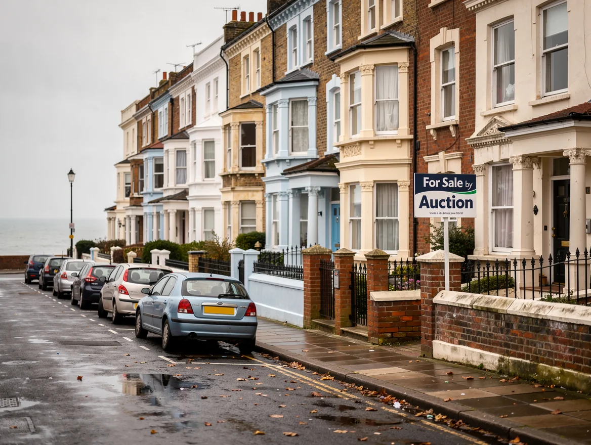 A 'For Sale by Auction' board outside houses near the seafront in Eastbourne, East Sussex