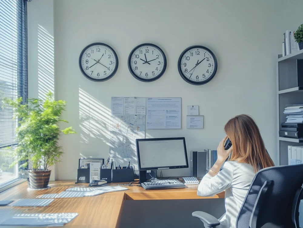 An estate agent on the phone at a desk beneath three wall clocks showing different time zones
