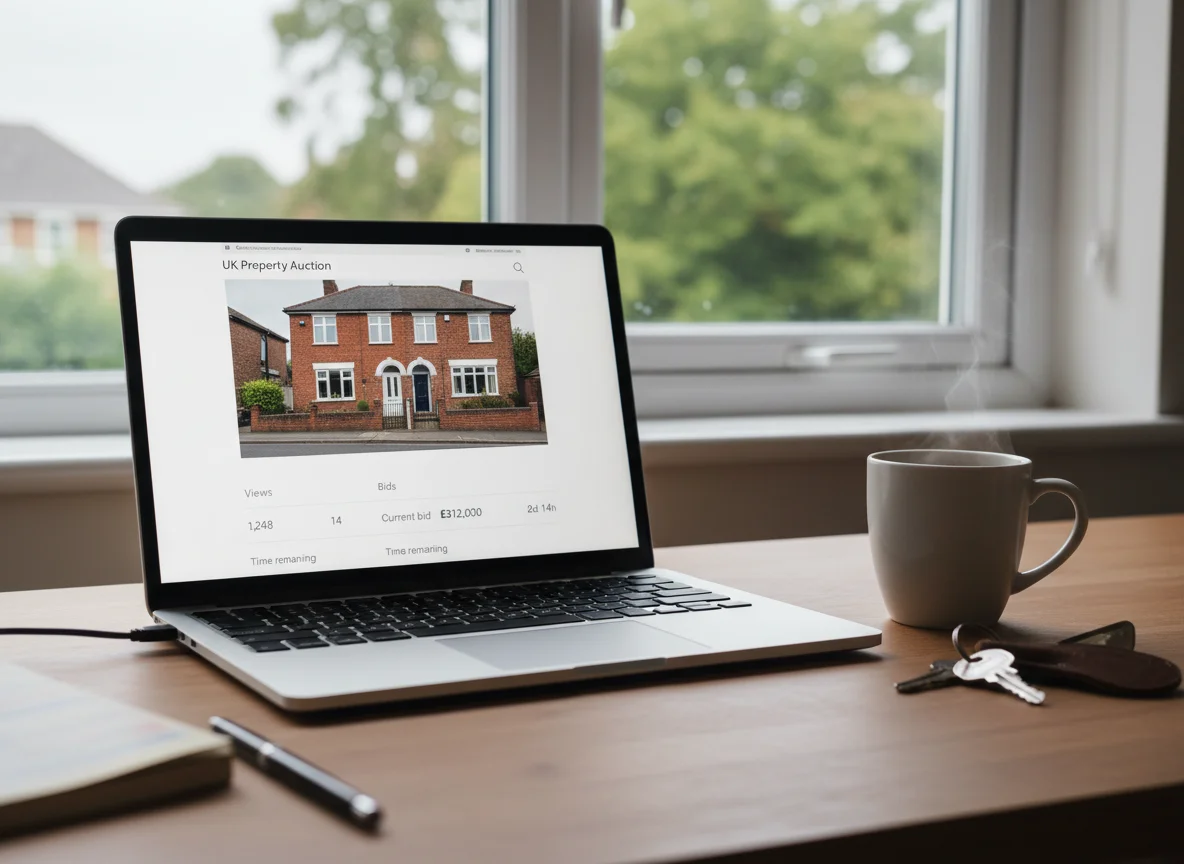 A laptop showing a UK property auction listing for a house, with auction stats: views, bids, current bid and time remaining