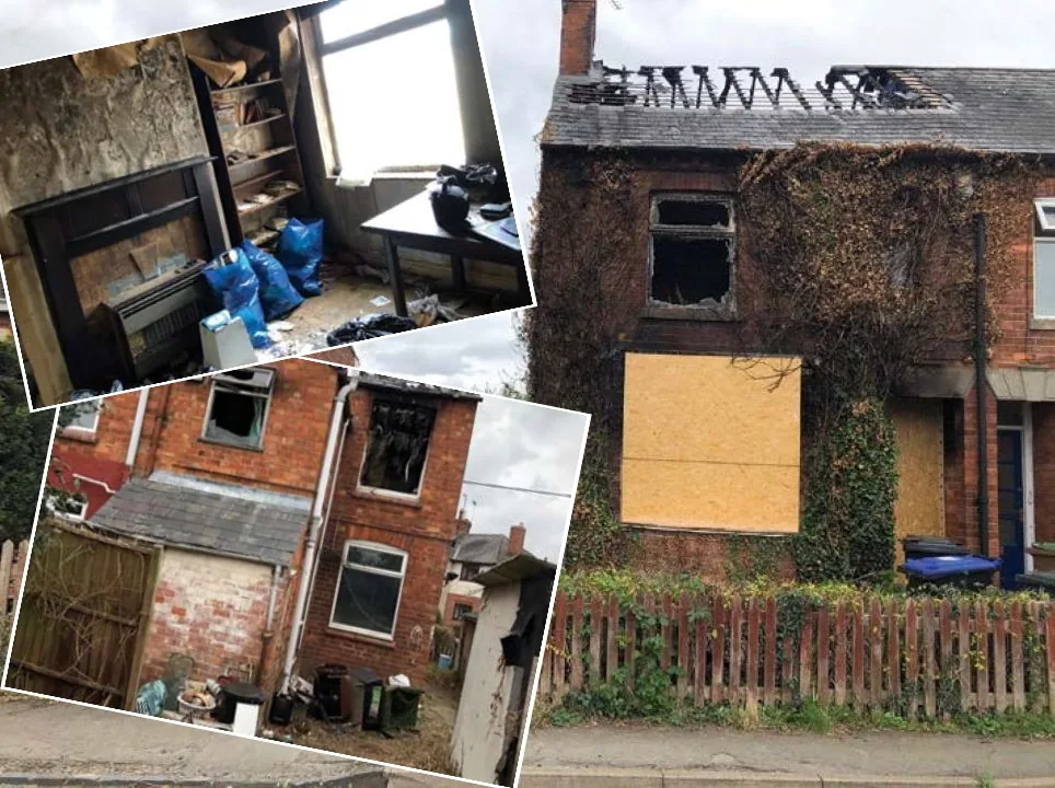 Fire damaged detached house at 21 Croft Way, Weedon, Northampton, on a double width plot