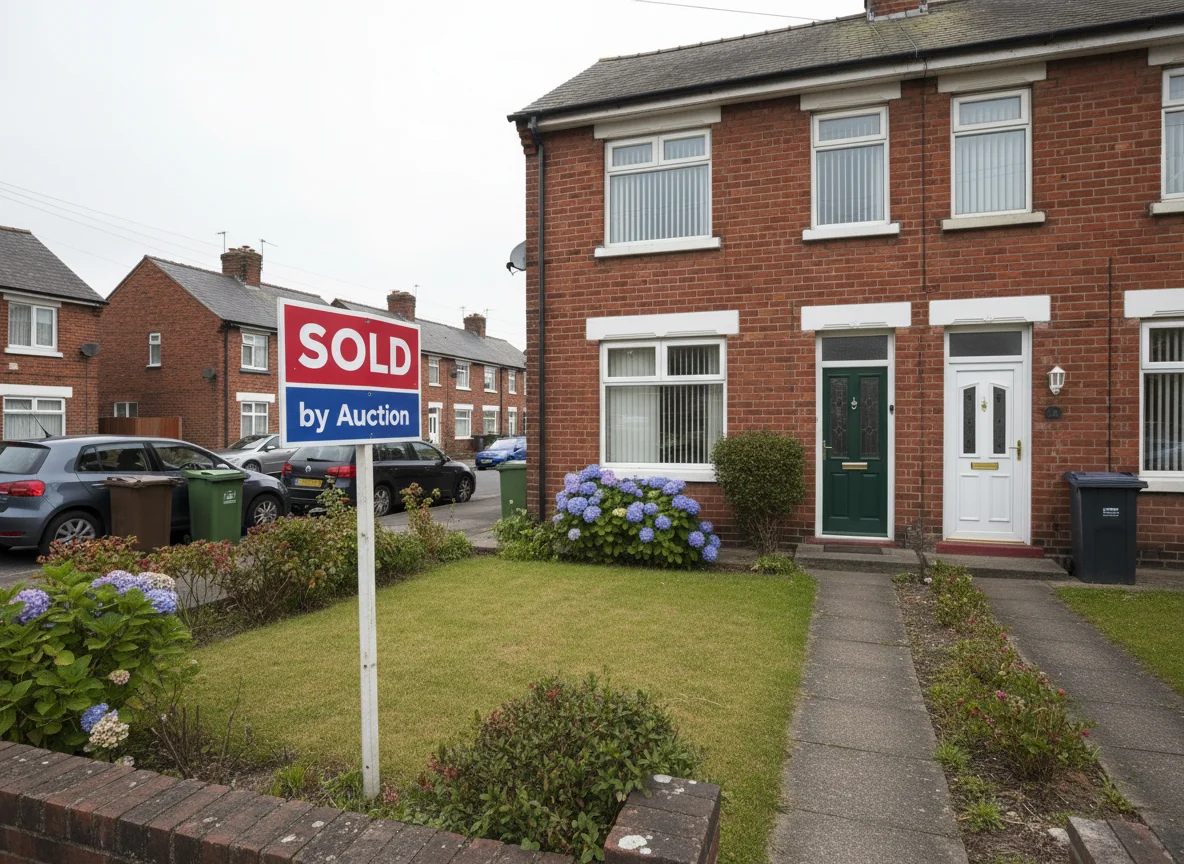 A 'Sold by Auction' board outside an ordinary British semi-detached house on an overcast day