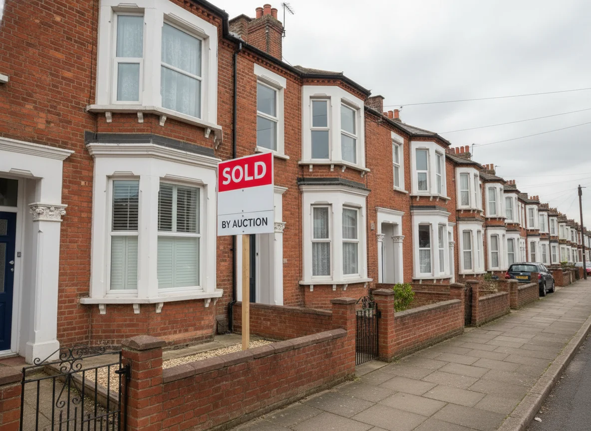 A 'SOLD by Auction' board outside a traditional British bay-fronted Victorian terraced house on an overcast day