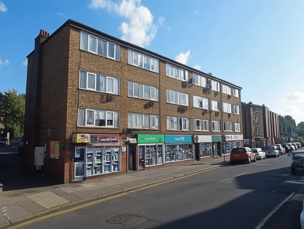 A block of leasehold flats above a parade of commercial premises and shops on a UK high street