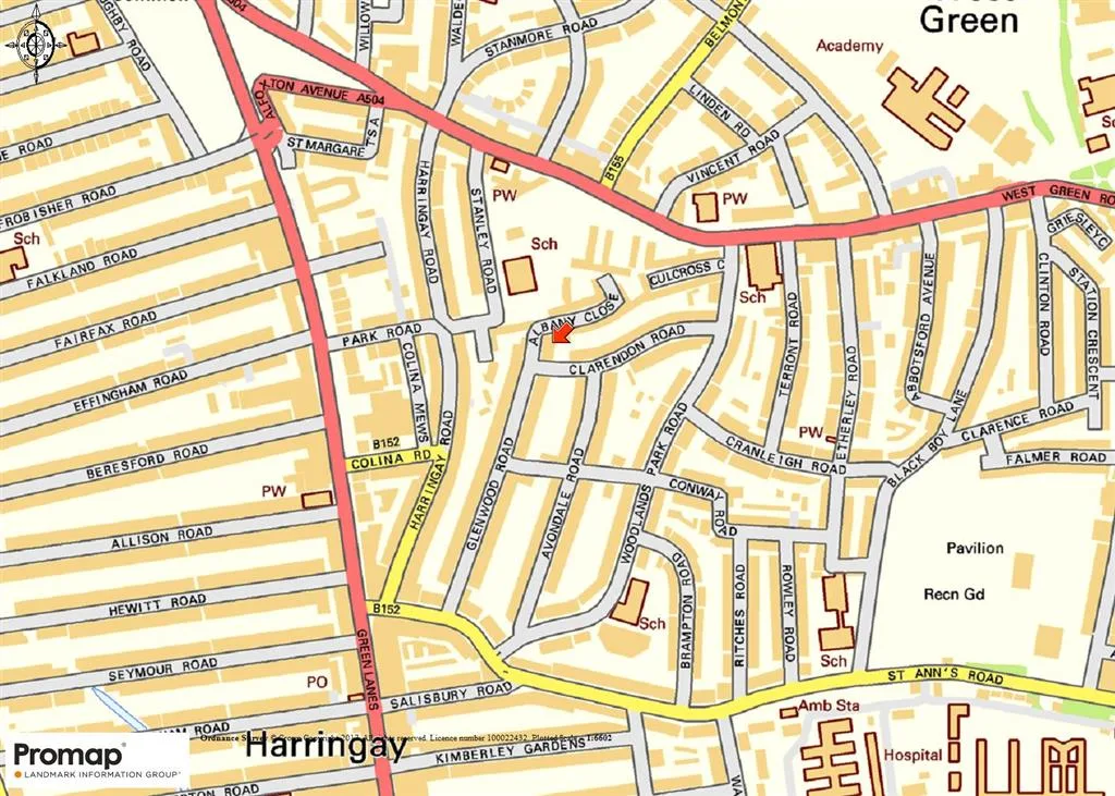 Map showing the location of Glenwood Road on the north side, near Clarendon Road N15