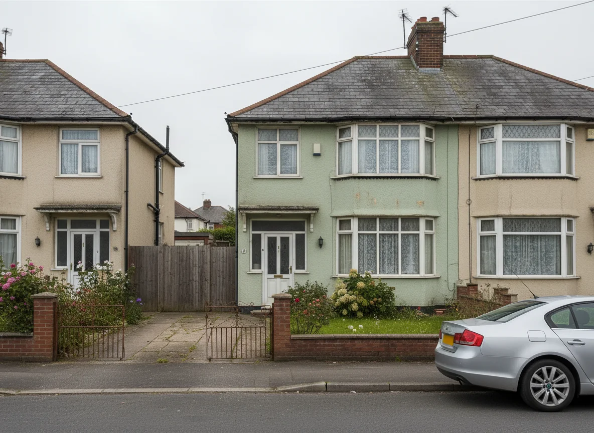 A dated 1930s bay-fronted semi-detached house, an inherited property, unmodernised with net curtains and a modern car parked on the road