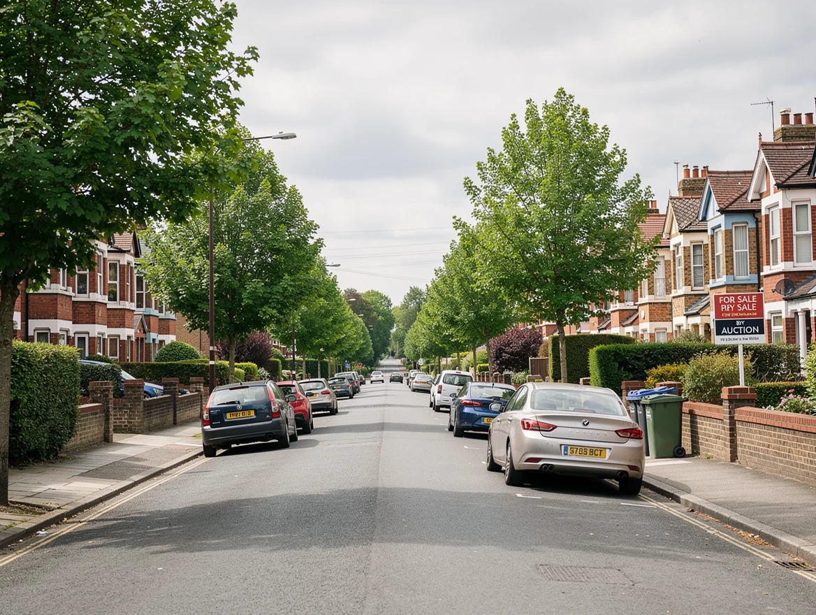 A 'For Sale by Auction' board outside attractive British houses on a leafy residential street