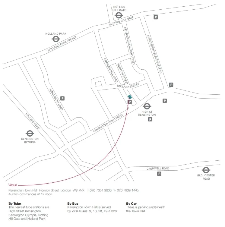 Map of the Harman Healy auction venue at Kensington Town Hall, London W8 7NX