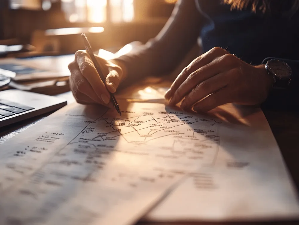 An heir hunter working at a desk, tracing a family tree on a genealogical chart with a pen