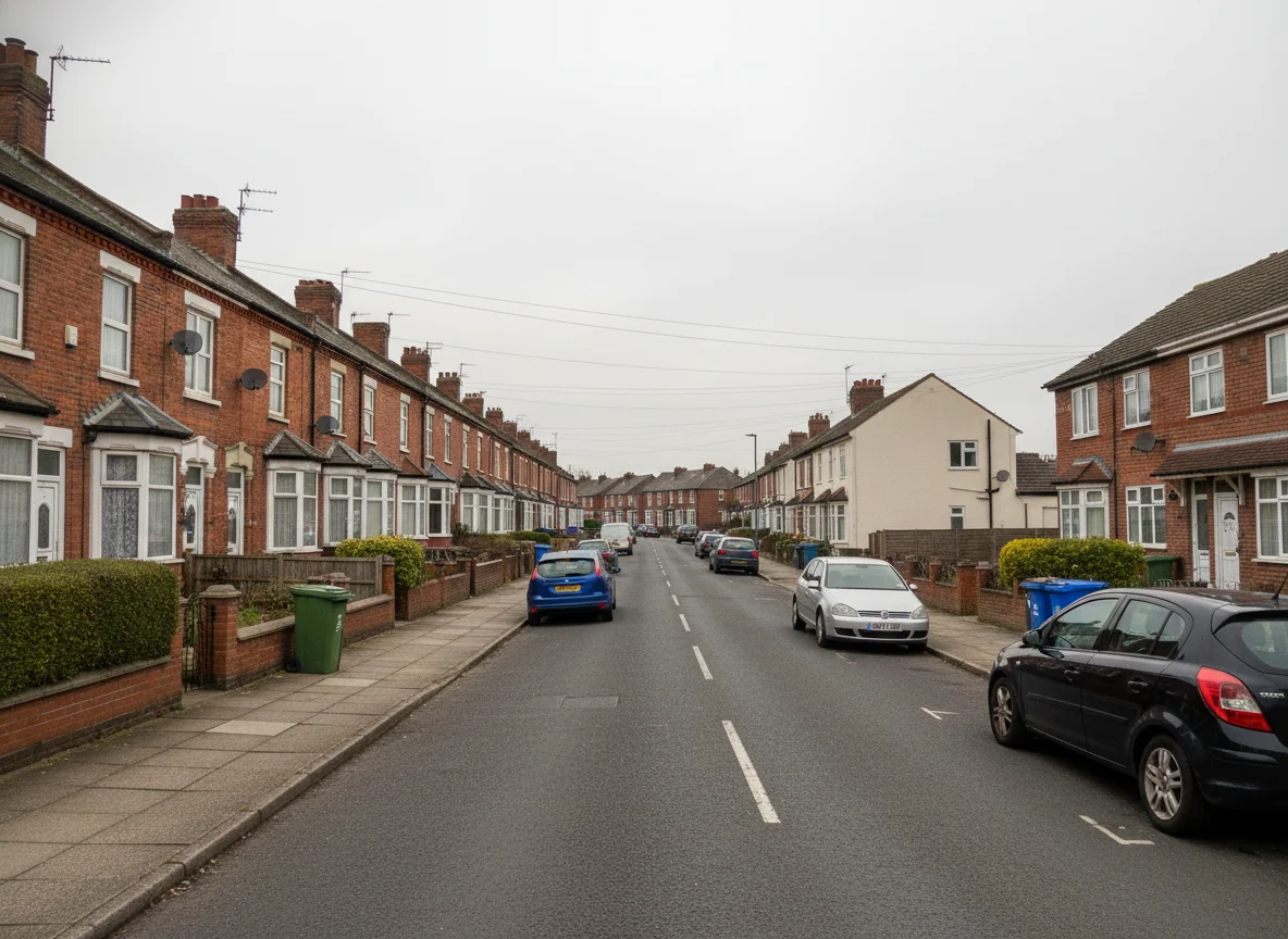 A street of mixed British property types - terraced houses, flats and a shop