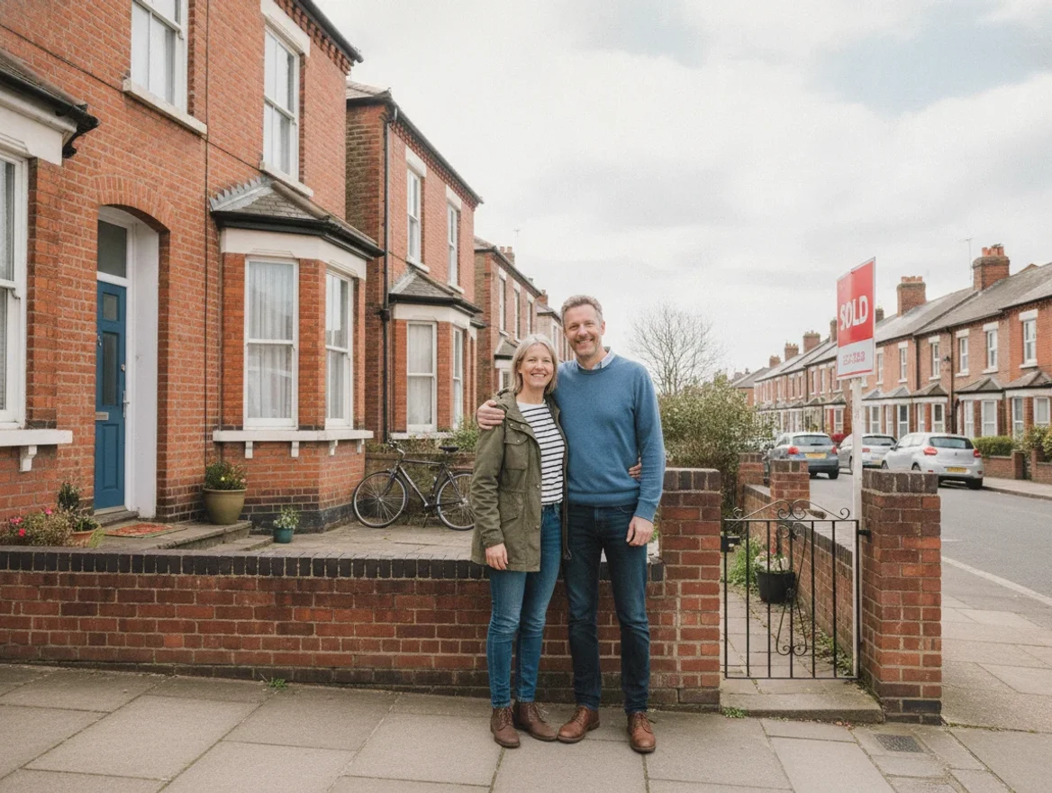 A happy British couple smiling outside their terraced home after selling it by auction, with a 'Sold' board on the front garden wall