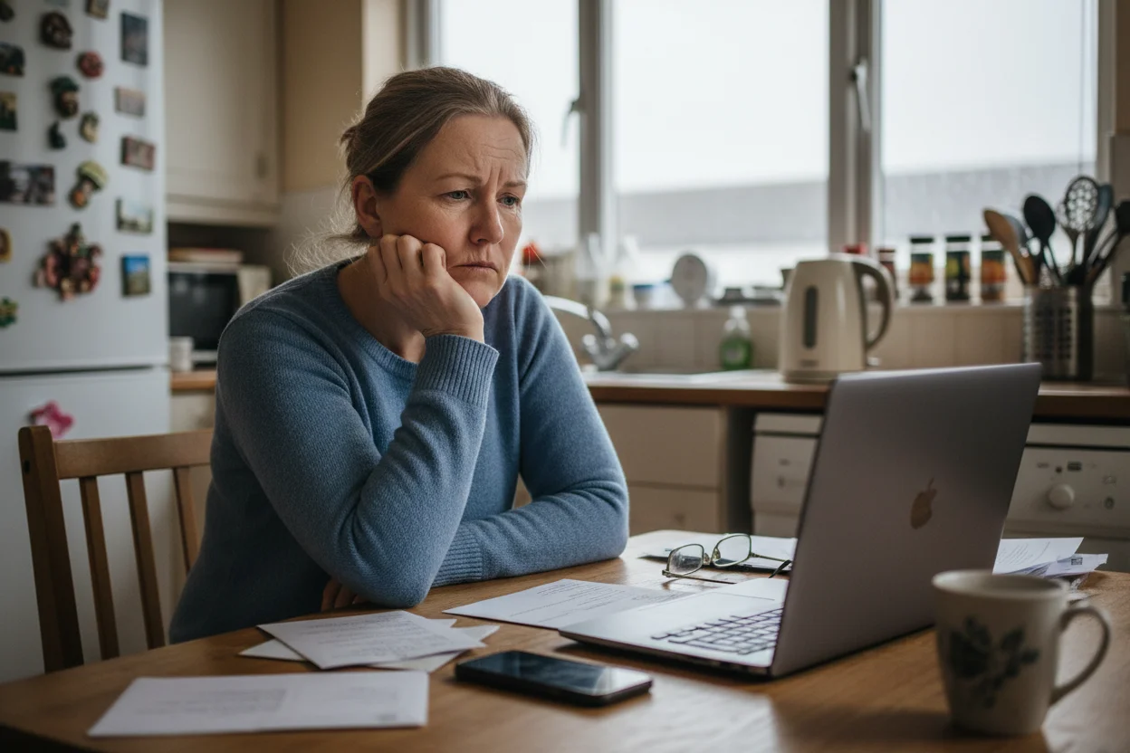 A homeowner sitting at her kitchen table looking doubtfully at a laptop