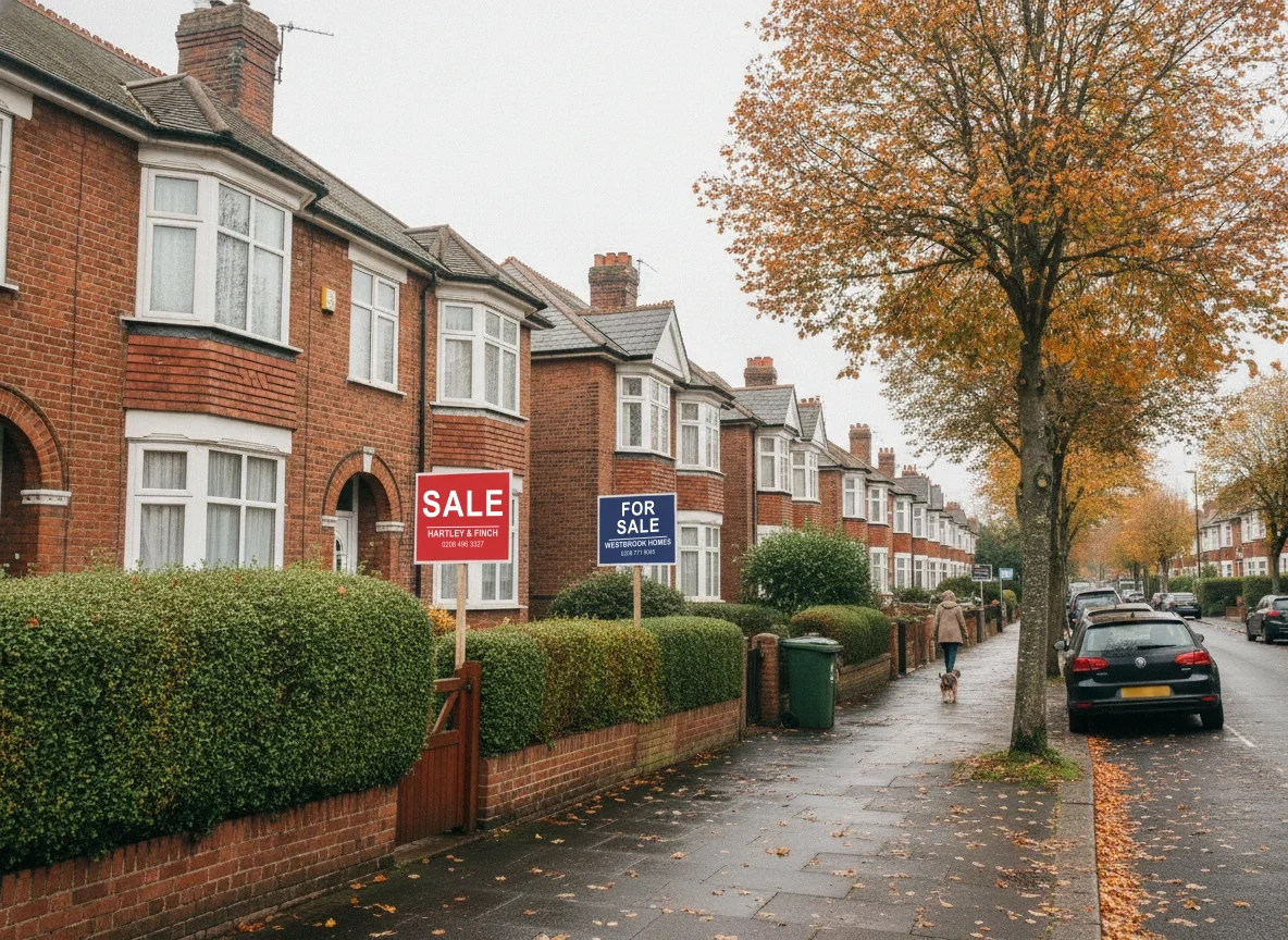 Red-brick semi-detached houses on an ordinary suburban street in autumn, with two estate agents' for sale boards in neighbouring front gardens