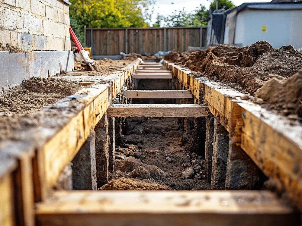 A trench dug alongside a house exposing the foundations during underpinning work