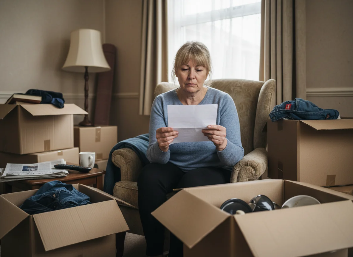 A British homeowner sitting among half-packed moving boxes reading a letter, after a house sale has fallen through