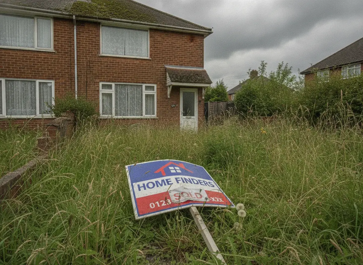 A weathered estate agent For Sale board outside an ordinary British semi-detached house on an overcast day