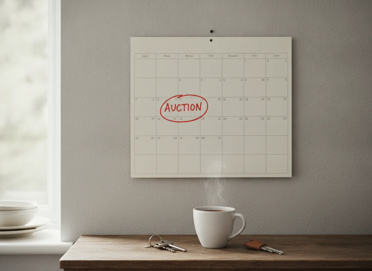 A kitchen wall calendar with auction day circled in red, beside a set of house keys and a mug of tea